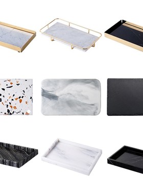轻奢现代大理石托盘创意长方形收纳置物盘样板间洗手台售楼处摆件