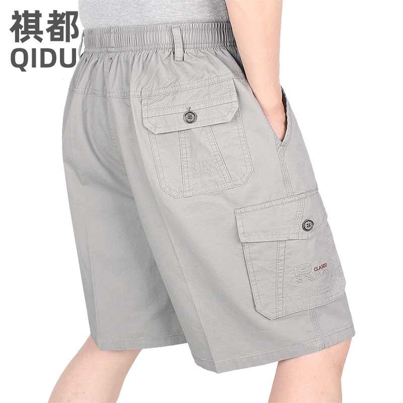 纯棉多口袋松紧腰五分裤中老年男士宽松大码短裤爸爸夏装休闲裤薄