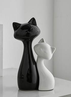 陶瓷情侣猫咪摆件高级感小众客厅电视柜家居软装饰品酒柜现代简约