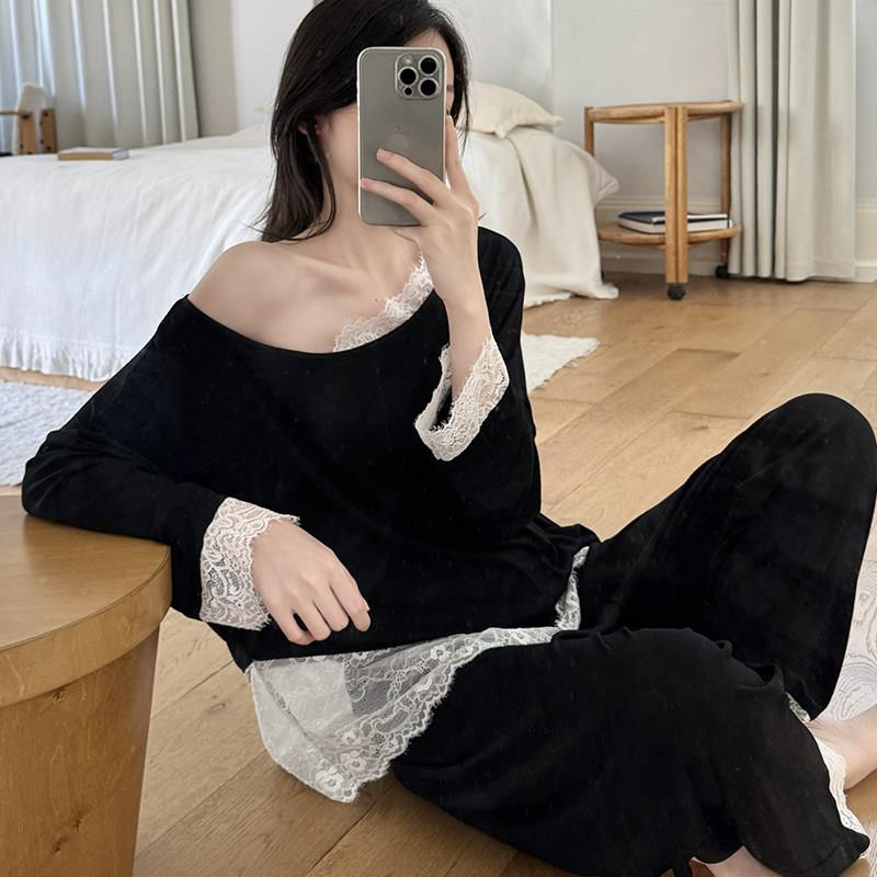 睡衣女款春秋季莫代尔2025新款女士家居服长袖长裤黑色蕾丝两件套