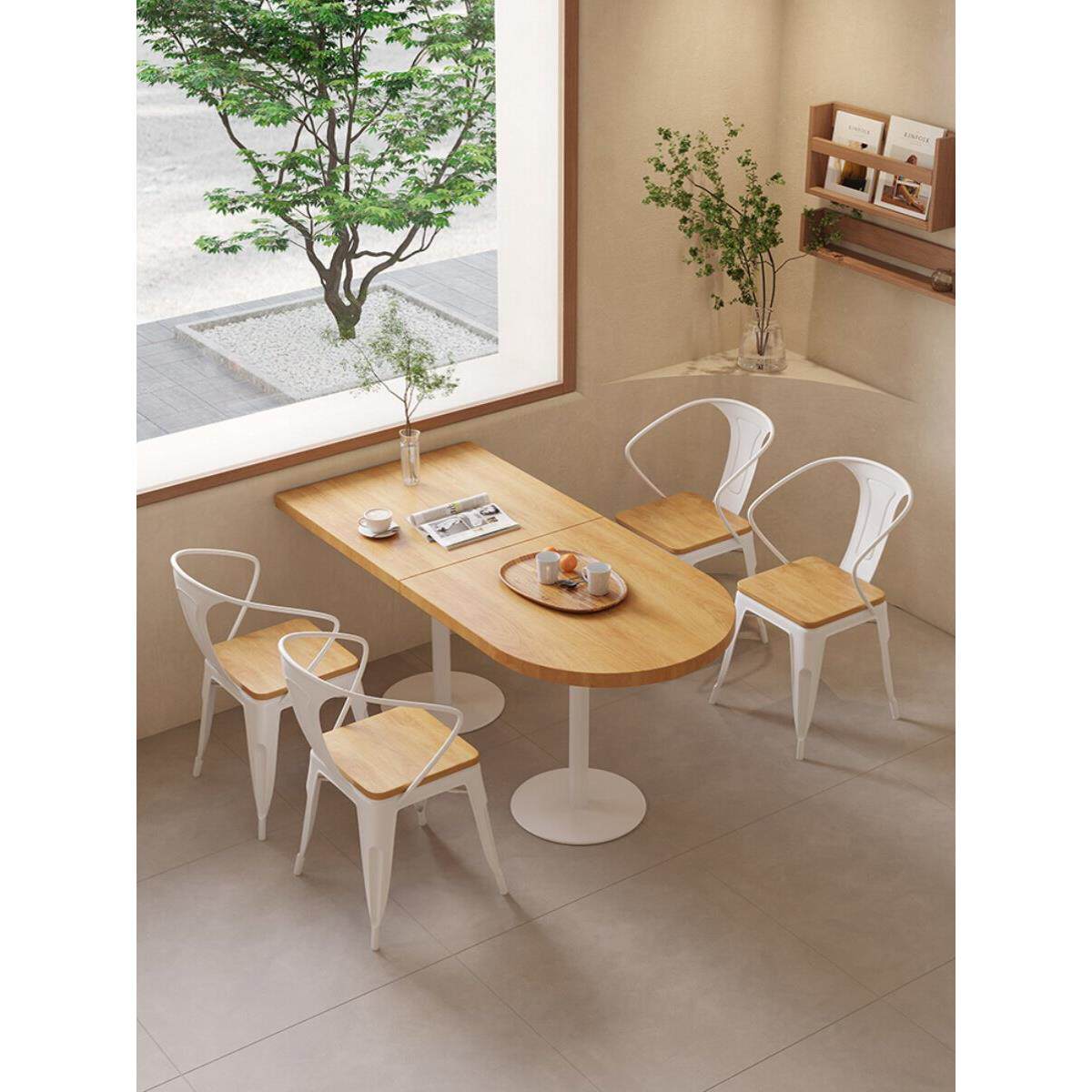 靠墙实木半圆桌网红烧烤奶茶店餐厅铁艺阳台小方桌商用原木餐桌椅
