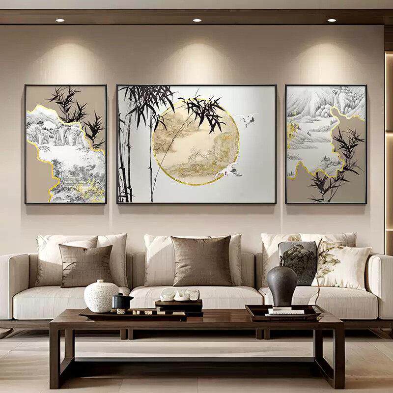 竹意山水新中式客厅装饰画竹子三联沙发背景墙挂画中国风水墨壁画