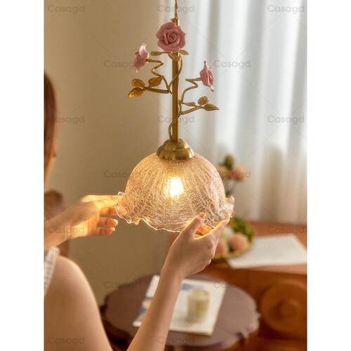 中古玫瑰花床头小吊灯法式覆古黄铜水波纹走廊玄关吊线灯casagd