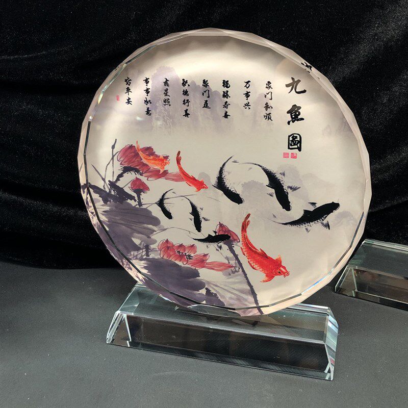 国画九鱼图九条鱼装饰画流水生财荷花富贵水晶摆件工艺品书桌装饰