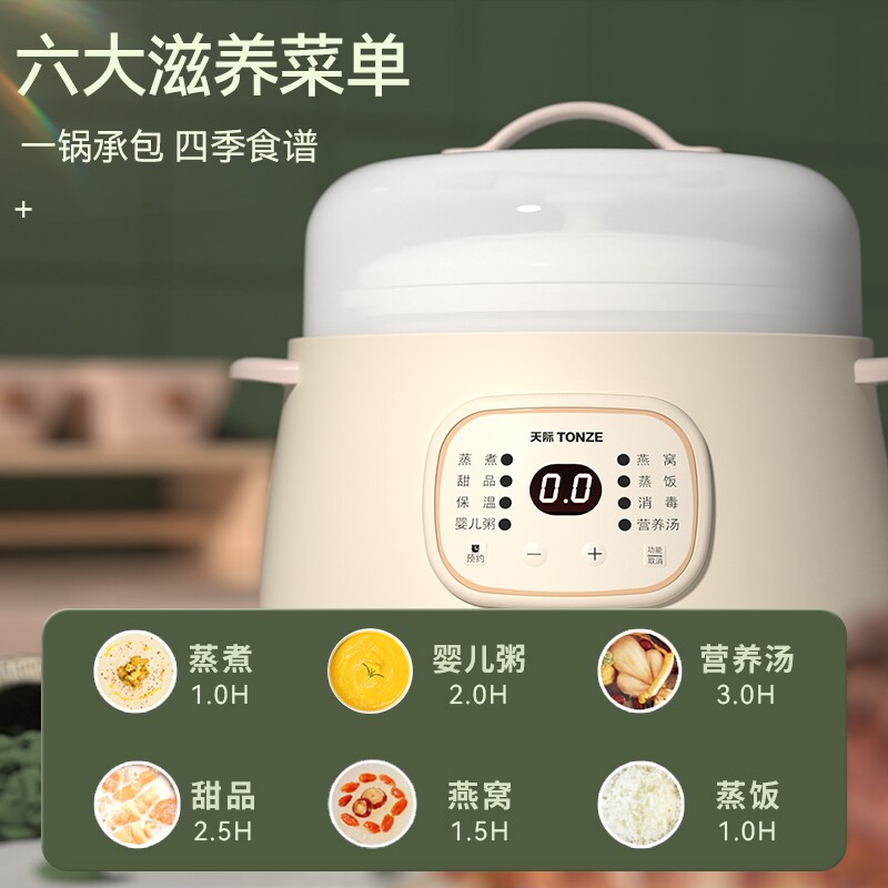 天际全自动隔水炖炖盅家用宝宝煮粥锅婴儿辅食燕窝陶瓷电炖锅1L