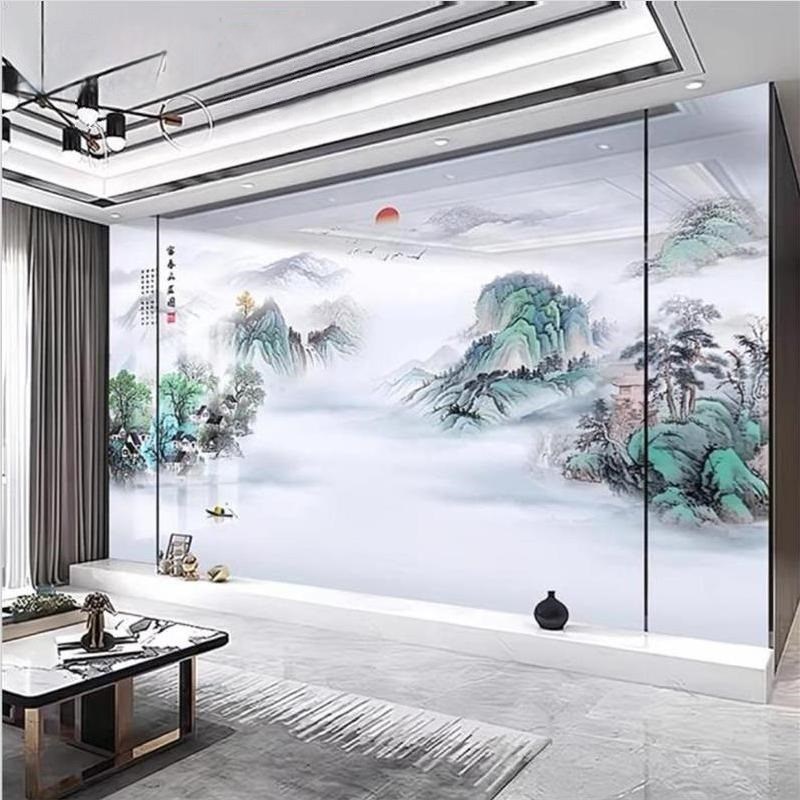 2025电视背景墙瓷砖岩板客厅护墙板新中式简约山水画影视墙微晶石