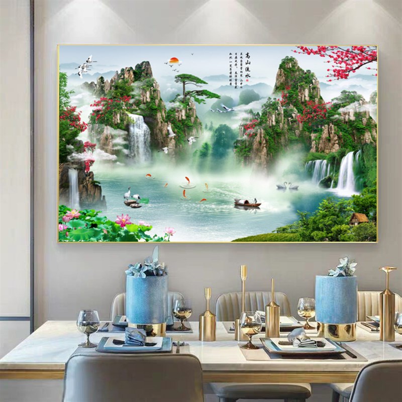 高档餐厅装饰画单联客厅晶瓷挂画饭厅金属框餐桌墙画风景山水壁画