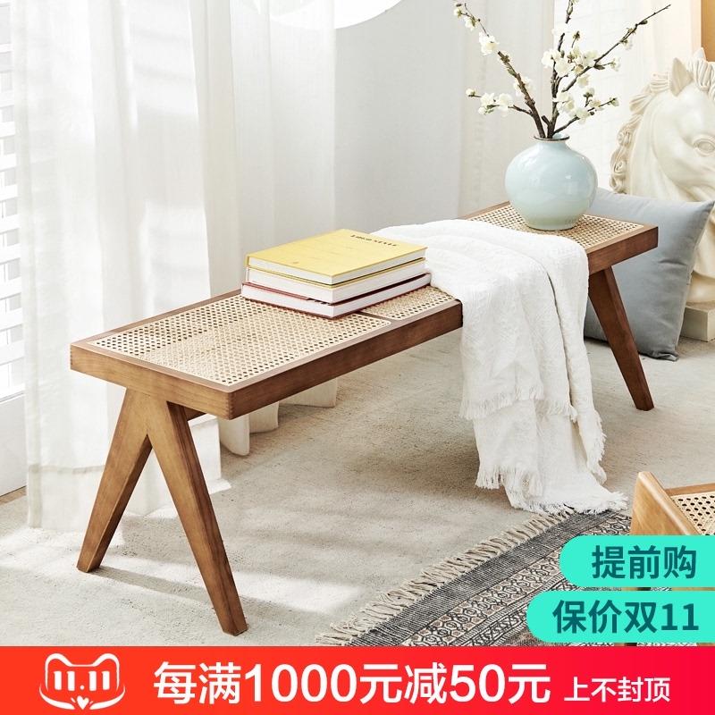 昌迪加尔现代简约换衣换鞋凳北欧实木藤编长凳家用玄关门口长条凳