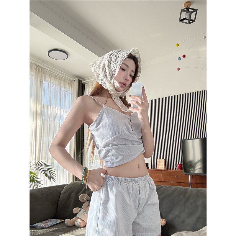 JoyceBra 甜美花边拼接V领条纹吊带睡衣女2026新款短裤家居服套装
