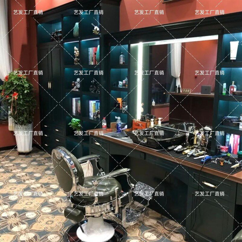 BarBer男士理髲店美发店镜台单面镜发廊专用复古台式实木潮店镜台