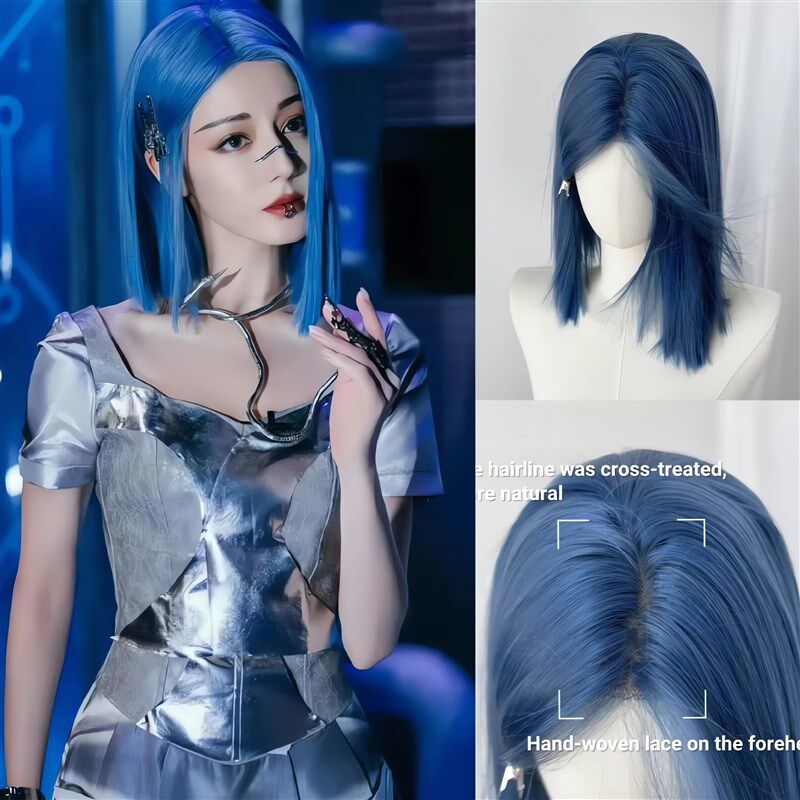 蓝色短发假发女蕾丝全头套机械蓝深海蓝网红自然时尚中分热巴同款