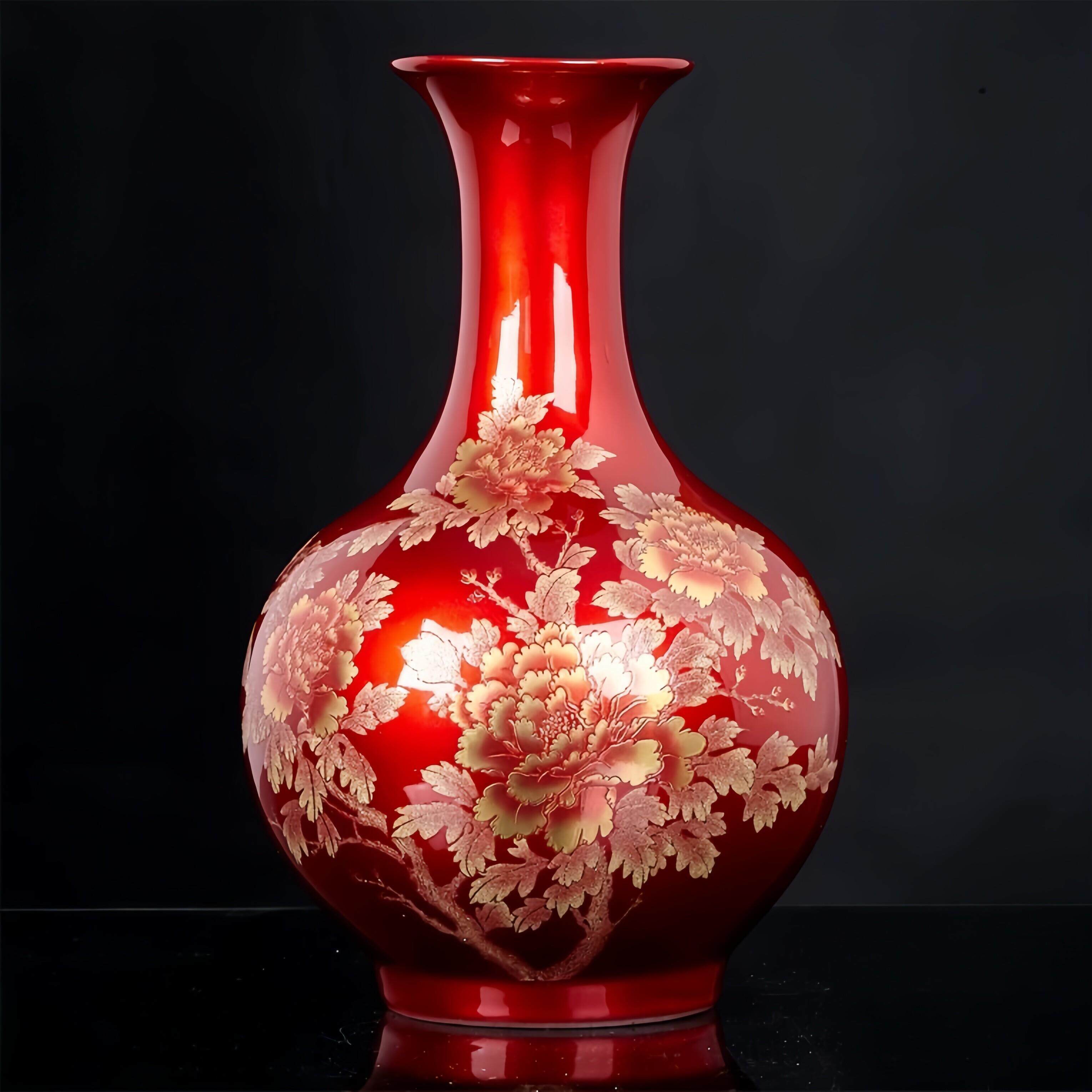 景德镇手工陶瓷器牡丹红花瓶中式客厅电视柜插花装饰品瓷瓶摆件
