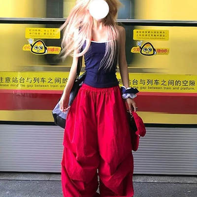 【速干防水】网红美式慵懒风阔腿宽松运动薄款跳舞爵士红色休闲裤