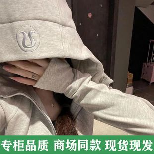 美式运动卫衣连帽外套女装秋冬加绒加厚灰色拉链修身短款开衫上衣