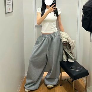 松紧腰抽绳宽松直筒垂感阔腿长裤 美式 新款 女冬季 hiphop灰色休闲裤