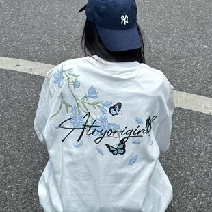 国潮牌刺绣花卉短袖 新款 美式 宽松情侣ins超火上衣服 T恤女2025夏季