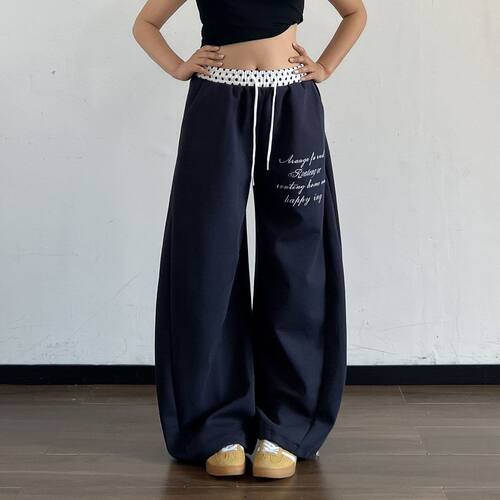 美式复古字母印花撞色拼接卫裤女春季高腰垂感宽松休闲运动阔腿裤