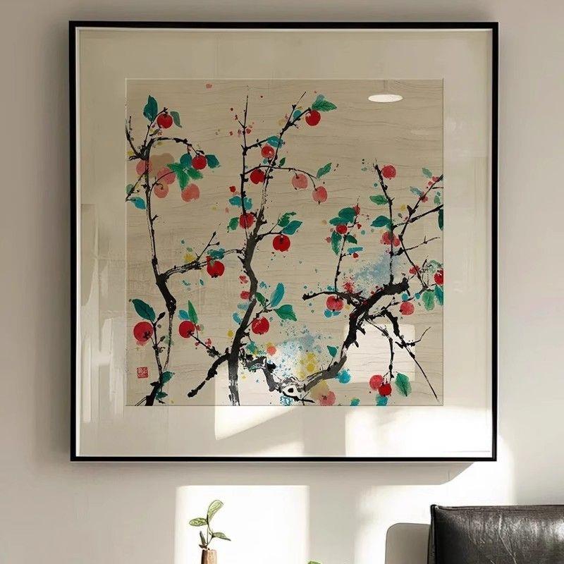 新中式客厅装饰画植物花卉有框挂画哑光纸墙壁画