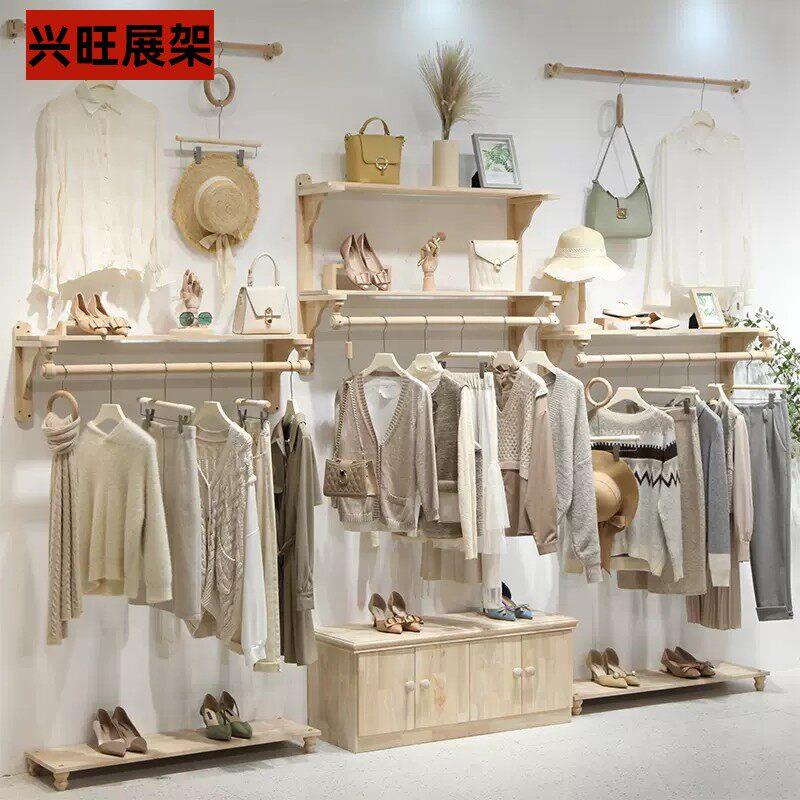 兴旺服装店墙上展示架女装店专用货架复古做旧木质挂衣杆挂衣架简