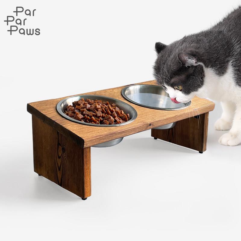 猫碗实木架猫食盆不锈钢碗宠物斜口保护颈椎防打翻双碗喝水喂食架