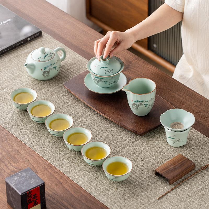 汝窑泡茶壶茶杯高档功夫茶具套组家用新中式陶瓷泡茶盖碗实用茶漏