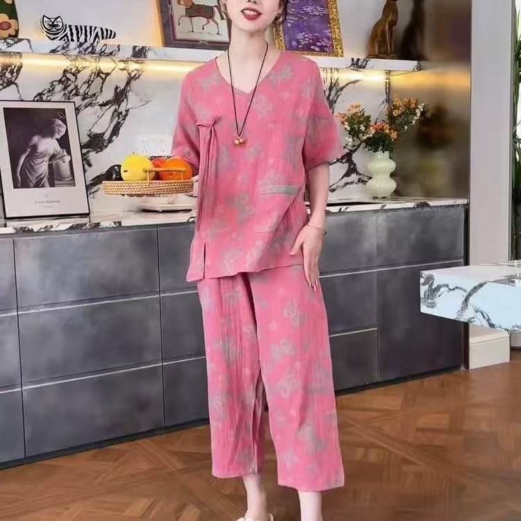 新中式睡衣带兜双层纱国风套装短袖长裤汗蒸服家居服