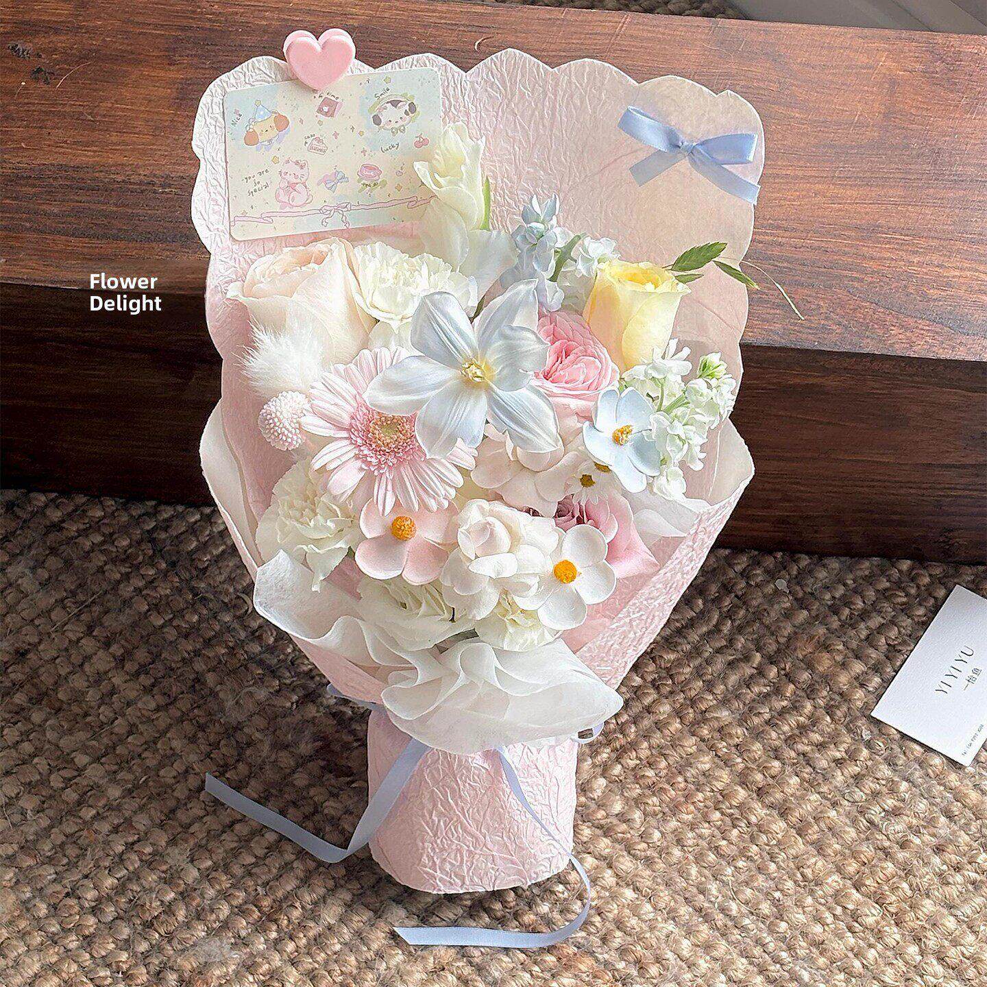 少女心粉色玫瑰混搭花束成品彷真花送女生生日节日见面小花束礼物