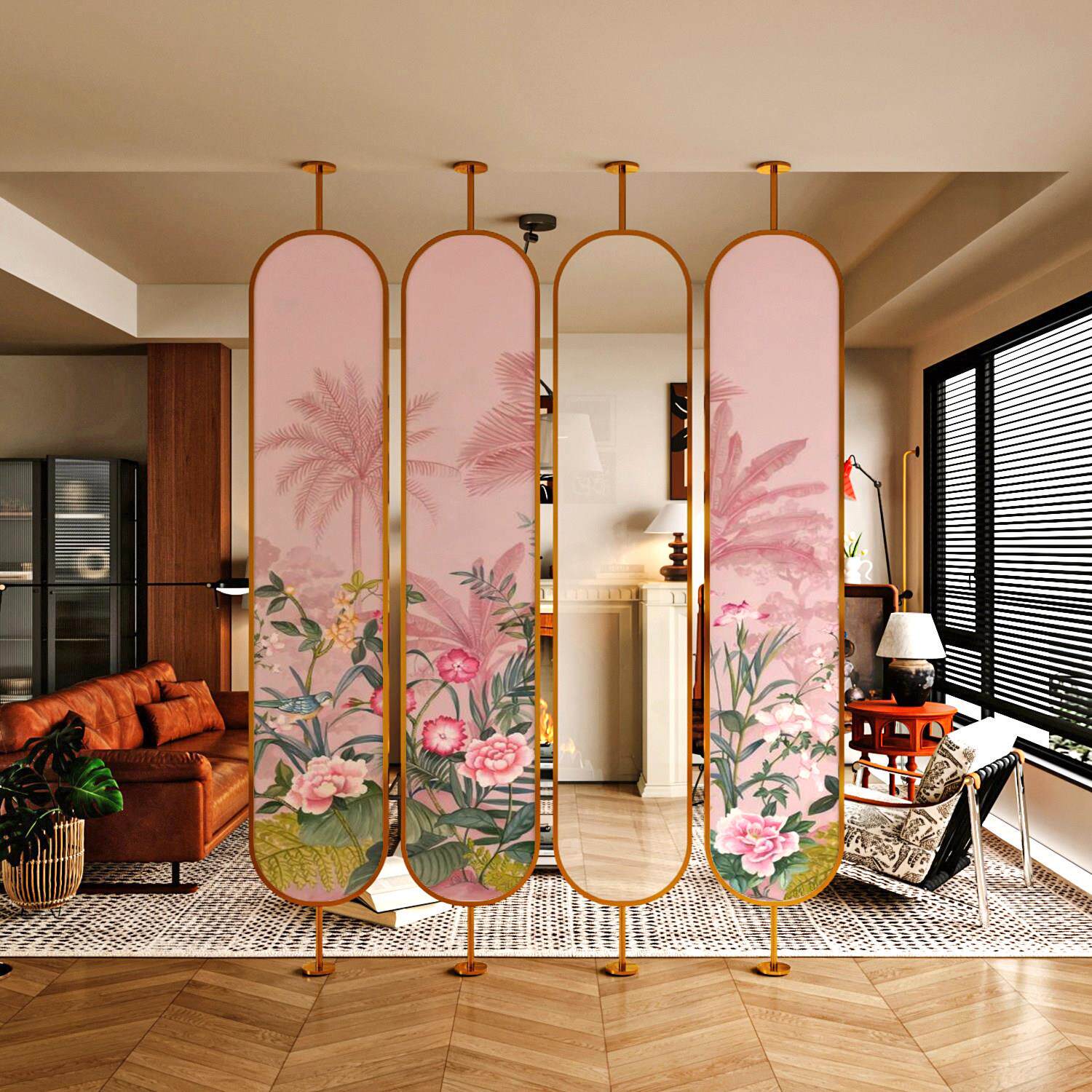 铝合金旋转镜子屏风隔断客厅入户玄关进门遮挡花卉顶天立地背景墙