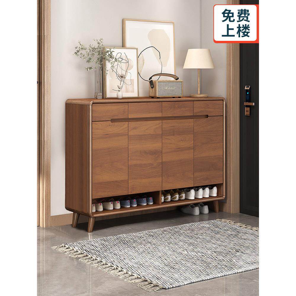 鞋柜新中式家用门口入户室内玄关胡桃色大容量实木框新款2025爆款