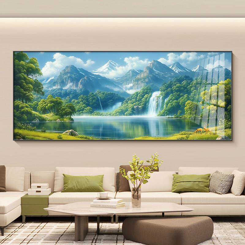 青山绿水客厅挂画聚宝盆山水画现代简约西墙聚财沙发背景墙装饰画