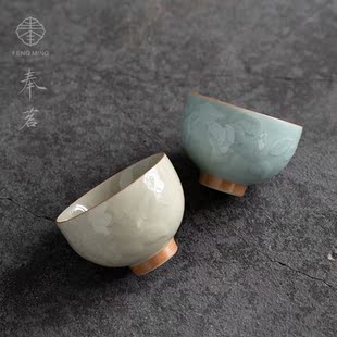 奉茗青瓷浮雕主人杯家用品茗杯陶瓷专用单杯功夫茶具茶杯喝茶杯子