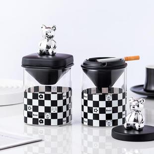 防风防飞灰带盖创意个性 棋盘格玻璃烟灰缸漏斗式 潮流轻奢客厅家用