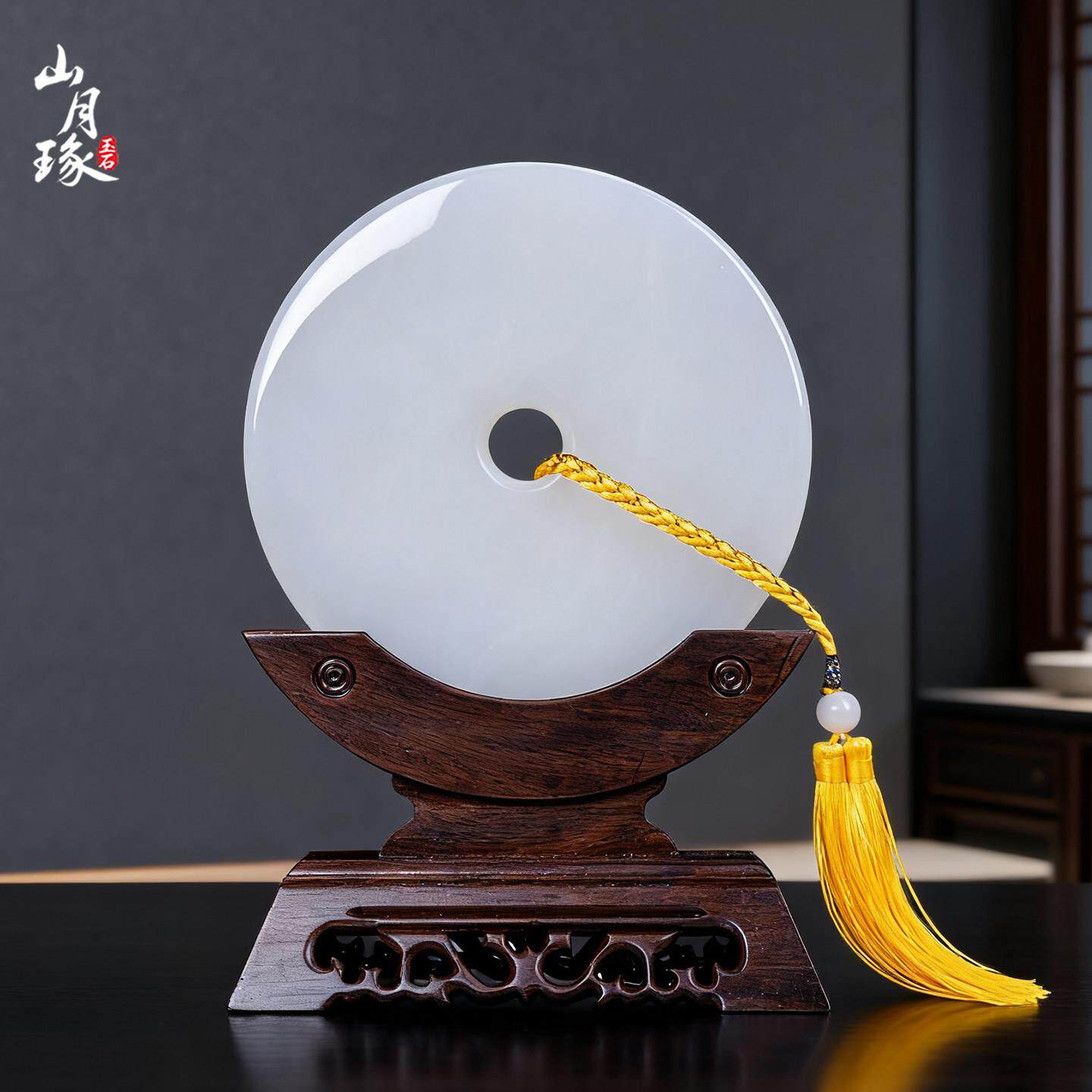 天然白玉石平安扣办公桌玉壁摆件招财乔迁新居高档商务创意和氏璧