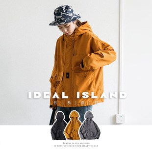 理想岛春季户外日系机能冲锋衣西藏宽松连帽工装夹克bf中性外套女