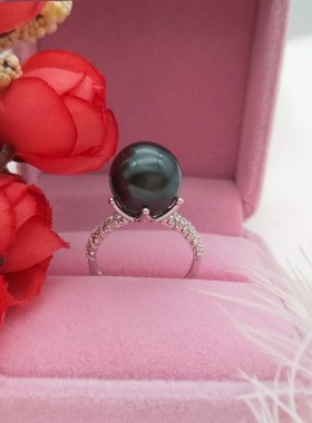 925银镶钻珍珠戒指女 金黑紫白色人工母贝珍珠指环戒圈开口 高贵