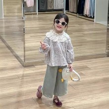 2024女童甜美蕾丝大花边领立领碎花娃娃衫L刺绣裤脚阔腿裤牛仔裤
