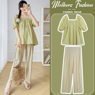 方领薄款 2025新款 泡泡袖 娃娃衫 子休闲两件套女 孕妇套装 上衣裤 夏季