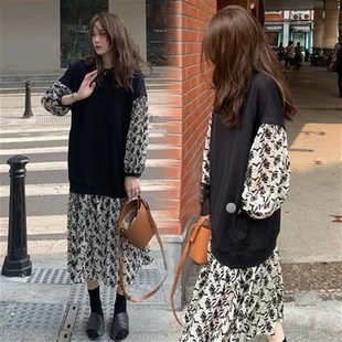 2023新款 时尚 外出套装 宽松中长款 孕妇装 碎花拼接连衣裙春装 春秋款