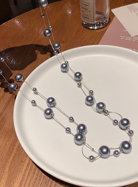 法式轻奢复古高级感设计灰色珍珠双层项链颈链时尚气质百搭毛衣链
