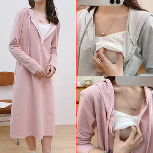 纯棉长袖 辣妈中长款 上衣喂奶卫衣 外出时尚 产后哺乳连衣f裙春秋装