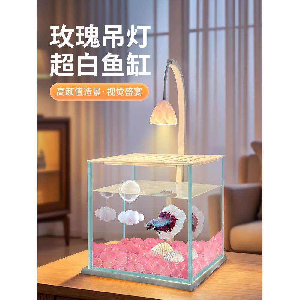 斗鱼缸2025新款小型网红琉璃珠造景方缸玫瑰灯装饰桌面超白玻璃缸