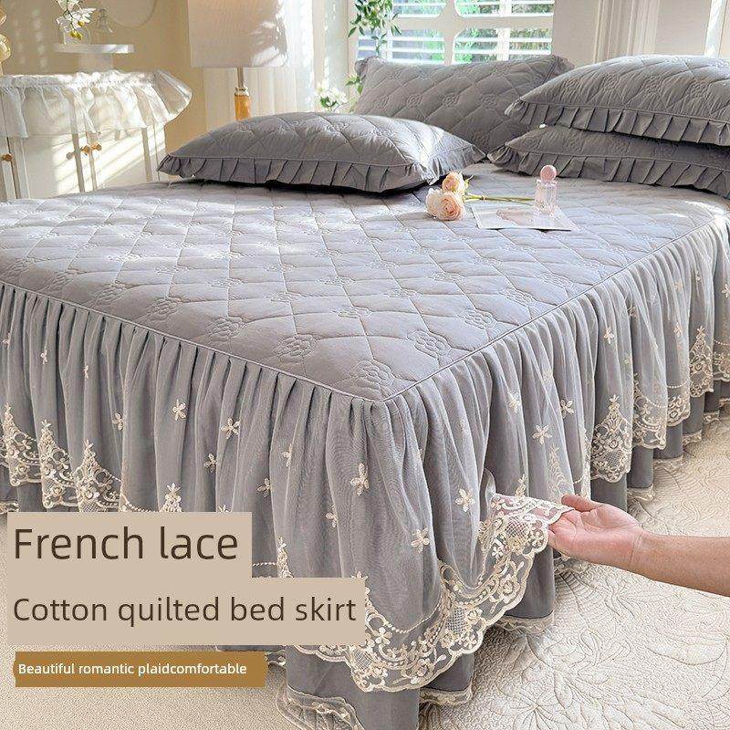 纯色纯棉加厚床裙单件棉质绗缝公主风格蕾丝床罩席梦思保护套