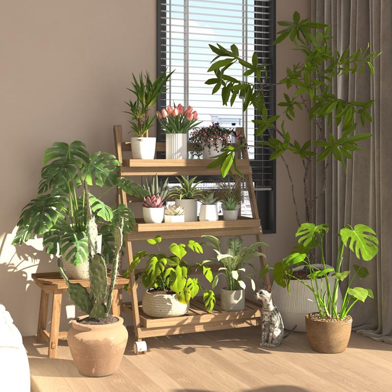 带轮阳台木质花架落地式靠墙多层可折叠阶梯移动绿植花盆置物架子