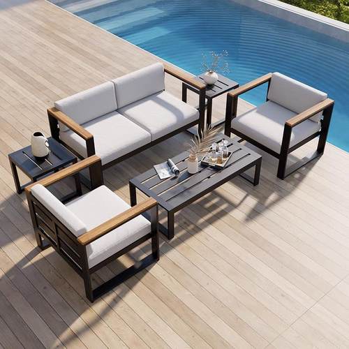 户外防水阳台双人藤编休闲铝合金单塑木花园庭院露天扶手沙发防晒