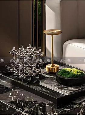 现代轻奢银色镂空方块摆件托盘组合苔藓盆景桌面茶几装饰品样板间