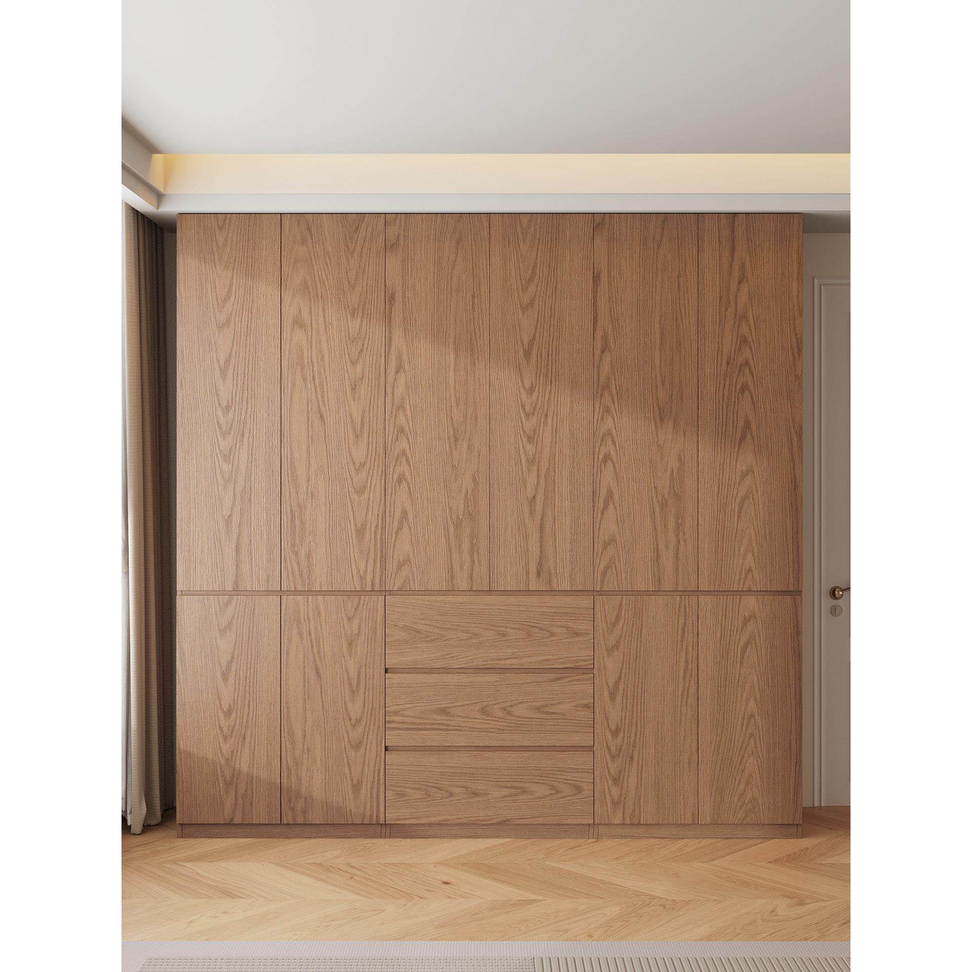 实木橡木六门衣柜家用卧室高2米4分段式免拉手大衣橱胡桃色可定制