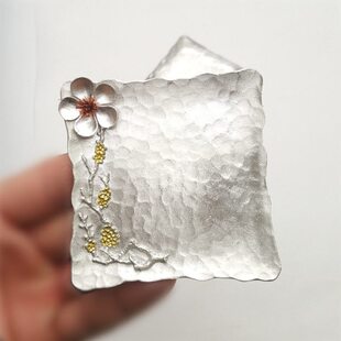 方形锡杯垫 手工立体梅花 承茶隔热杯托金属锤目纹茶托茶道配件