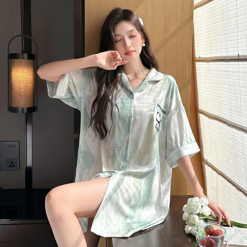 睡裙女夏季开衫冰雪丝薄款宽松冰凉感夏天丝滑短袖睡衣大尺码家居