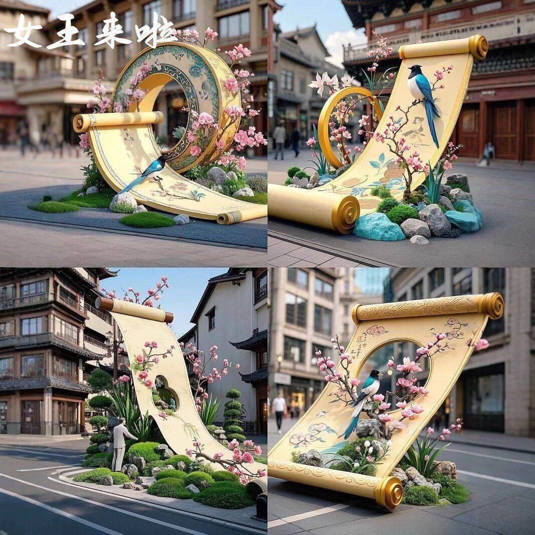 大型花鸟卷轴画轴画布镂空商业美陈造景装饰道具镂空国风装饰画轴
