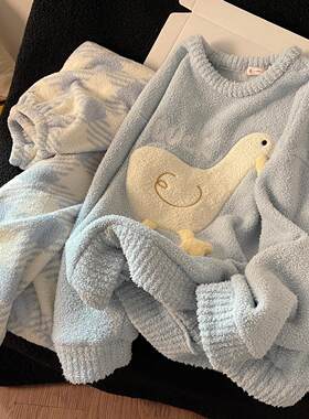可爱蓝色鸭子睡衣女冬季加绒加厚半边绒套头外穿家居服珊瑚绒套装
